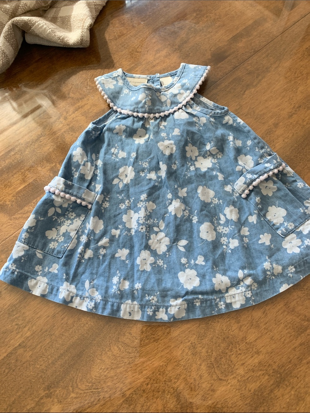 First Impressions Blue Floral Dress with White Pom-Pom Trim